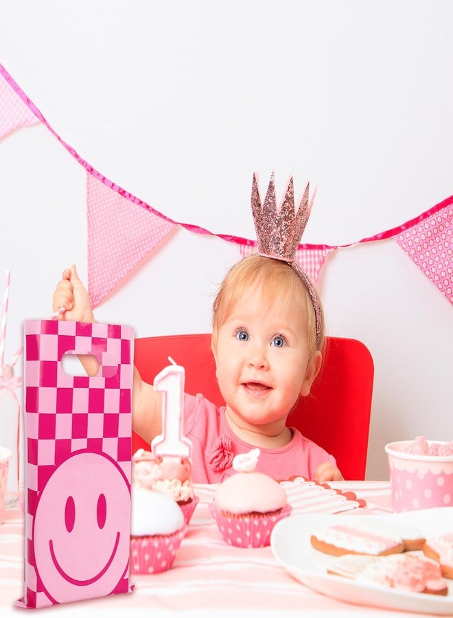 Whaline 50Pcs Preppy Party Favor Bag Pink Checkered Smile Face Treat Bags with Handles Plastic Candy Goodie Bags for Birthday Baby Shower Party Favors Supplies - Image 5